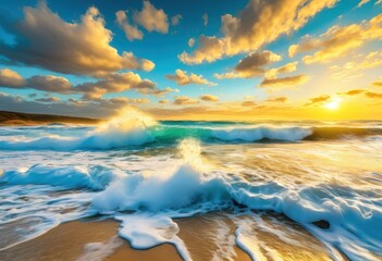 Fototapeta premium vibrant waves crashing unspoiled shoreline under bright sky sunlight reflections tranquil waters, beach, ocean, sand, rocks, horizon, coast, foam, shell