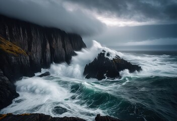 Fototapeta premium dynamic stormy waves crashing dramatically bold rugged cliffs under tumultuous skies creating captivating seascape, blue, foam, ocean, rocky, turbulent