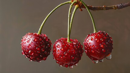 detailed cherries with water droplets on them, hanging from the stem, against a neutral background