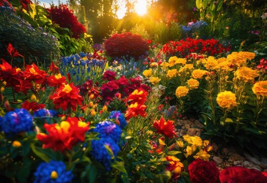 close view vibrant garden lush greenery variety blossoming flowers showcasing their stunning colors intricate petals, arrangement, aromatic, beauty, bloom
