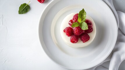 A delicate panna cotta topped with fresh raspberries and a mint leaf, centered on a minimalist white plate, Overhead view with soft natural light highlighting the smooth texture
