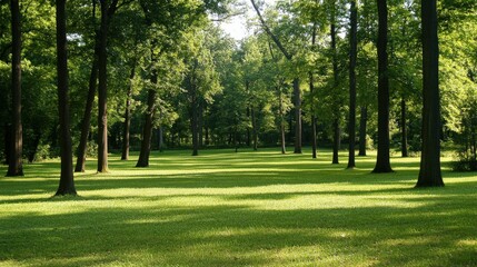 Obraz premium Majestic Forest Clearing with Tall Trees Casting Long Shadows in Peaceful Scene