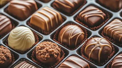 A box of handcrafted chocolates arranged neatly on a display table. picture
