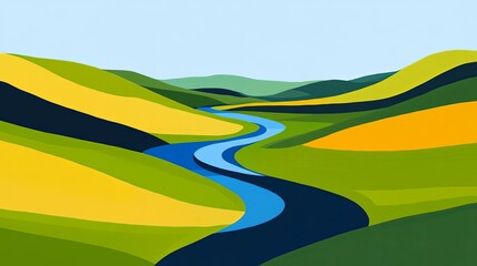 A bright abstract river winding through green hills, reduced to simple shapes. picture