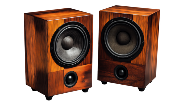 Two vintage rosewood wooden bookshelf speakers with large central drivers and smaller tweeters