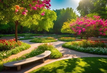 Obraz premium vibrant urban park featuring lush scenic colorful flower serene relaxation areas ideal leisure activities, bench, bush, city, design, discover, yellow, zoned