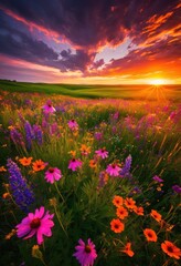 vibrant fields merging dramatic sunset skies showcasing brilliant hues purple blending into lush green landscapes, aerial, beauty, blossom, botany