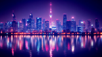 Fototapeta premium Illuminated Futuristic City Skyline with Vibrant Neon Lights Reflecting on Water at Night