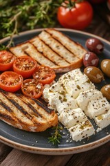 A simple yet delicious Greek-inspired grilled cheese sandwich with cherry tomatoes, olives, and a drizzle of olive oil.