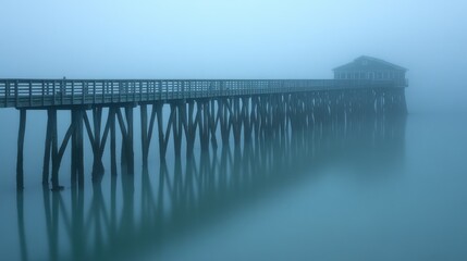 Misty pier extending to foggy ocean hut