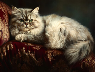 Fototapeta na wymiar A Regal Pose: A majestic longhaired cat with piercing green eyes, lays regally on a plush velvet armchair, exuding an air of quiet confidence and elegance.