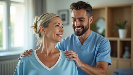 Fototapeta premium Man is helping woman fix her shirt