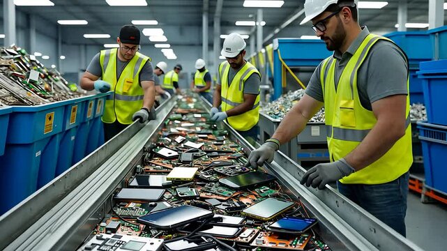 Workers Sorting Electronic Waste on a Conveyor Belt in a Recycling Facility with Safety Gear and Industrial Equipment

