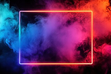 A sharp neon frame in gradient tones of orange and blue, placed over a dramatic burst of colorful clouds in red, teal, and violet, with the center left open for text on a pure black background.