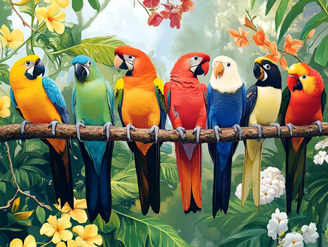 Rainbow of Parrots: A vibrant array of colorful parrots, each a jewel-toned wonder, perched on a branch amidst lush tropical foliage and blossoms.  A visual feast for the eyes.