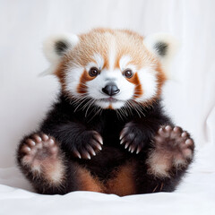 Obraz premium Adorable red panda cub sitting, paws forward, on white background.