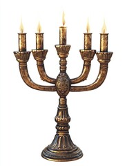 A tall, ornate candelabra with five candles lit. The candles are evenly spaced and the candelabra is made of gold. The scene is serene and peaceful