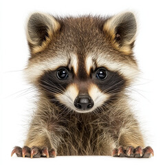 Obraz premium Adorable baby raccoon peering over edge, sharp claws visible.