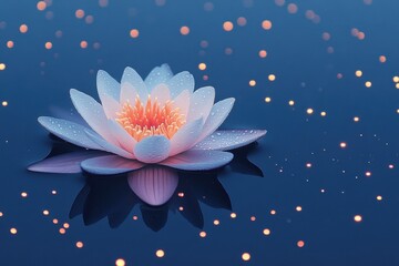 Water Lily Glowing Lights at Night in Dark Blue Water