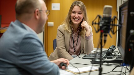 Cheerful Radio Hosts Recording a Podcast in a Professional Studio