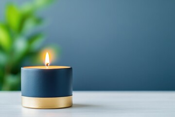 A serene candle with a warm flame sits on a table, surrounded by a blurred green plant backdrop, creating a calming atmosphere.