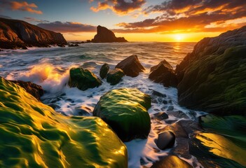 stunning sunset over vibrant waves crashing rocky shoreline capturing beauty dynamic landscape, beach, sea, seascape, ocean, rocks, water, sky, clouds