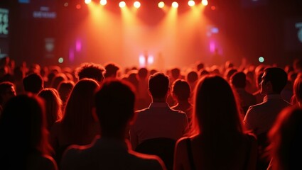 Crowd is watching concert with bright lights on stage