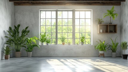 Bright and Airy Indoor Space with Green Plants and Large Windows