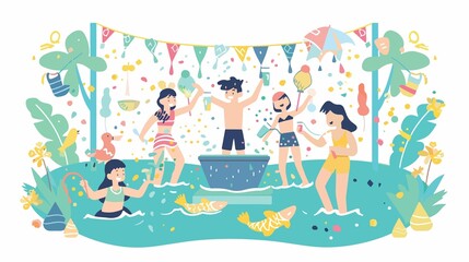 Songkran Water Party Flat Vector Illustration
