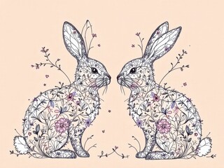 Obraz premium Intricate floral patterned rabbits facing each other on beige background