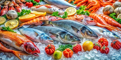 Fototapeta premium Fresh Seafood Market: Raw Fish, Shellfish, and Crustaceans on Ice