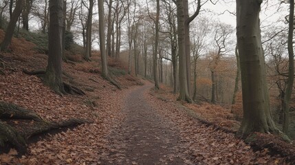 Obraz premium Cozy Autumn Pathway in a Forest with Fallen Leaves and Light Filtering Through Trees