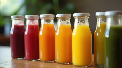 Bottles of juice are lined up on table