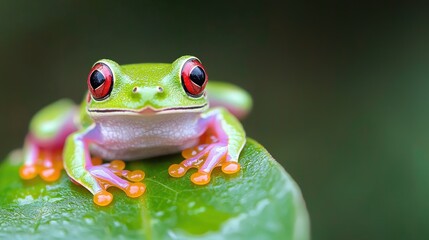 Naklejka premium Red-eyed tree frog on leaf, rainforest background, nature photography, wildlife