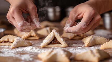 Hands folding hamantaschen dough around sweet filling, with flour on the counter and a few uncooked cookies waiting to be shaped. The scene focuses on the craft of making the traditional treats.