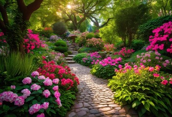 vibrant lively garden pathways adorned colorful plants lush outdoor setting, aesthetic, arrangement, beds, blossoms, bright, container, corners, decor