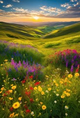 Fototapeta premium vibrant fields lush green pastures under clear sky colorful wildflowers gentle rolling hills, greenery, landscape, nature, scenery, agriculture, sunlight