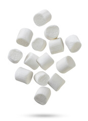Marshmallows falling close-up on white. Isolated