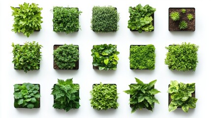 Green Plant Arrangement in Square Pots on White Background