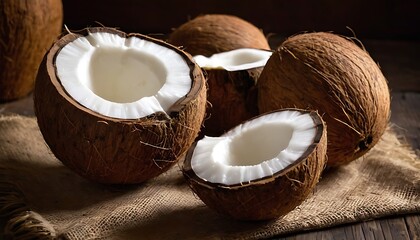 Fresh Coconut Half with Water and Flesh Isolated on Transparent or White Background. 2