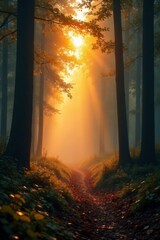 serene orange mist over a forest with trees and wildlife, atmospheric, trees