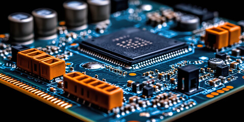 Computer motherboard with microprocessor and electronic components in macro detail. Generated with AI.