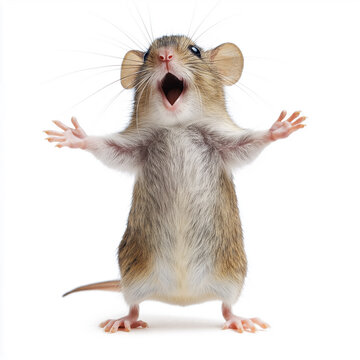 A full-body photo of an adorable, happy mouse standing on its hind legs, with its arms outstretched and an open mouth, isolated against a white background.