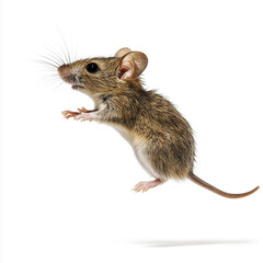 A small mouse jumping in the air, side view, plain white background.
