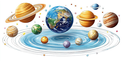 Artistic illustration of the solar system with colorful planets orbiting around Earth, Generated with AI