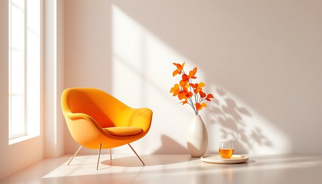  Modern minimalist interior featuring  a bright oran