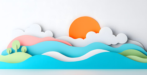 Landscape with mountains and sea waves in paper cut style