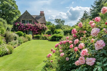 Cottage garden roses sunny day landscaping