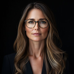 Fototapeta premium A portrait of the most beautiful woman in her late thirties, with long, wavy hair, wearing glasses and business attire.