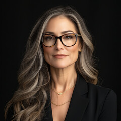Obraz premium A portrait of the most beautiful woman in her late thirties, with long, wavy hair, wearing glasses and business attire.
